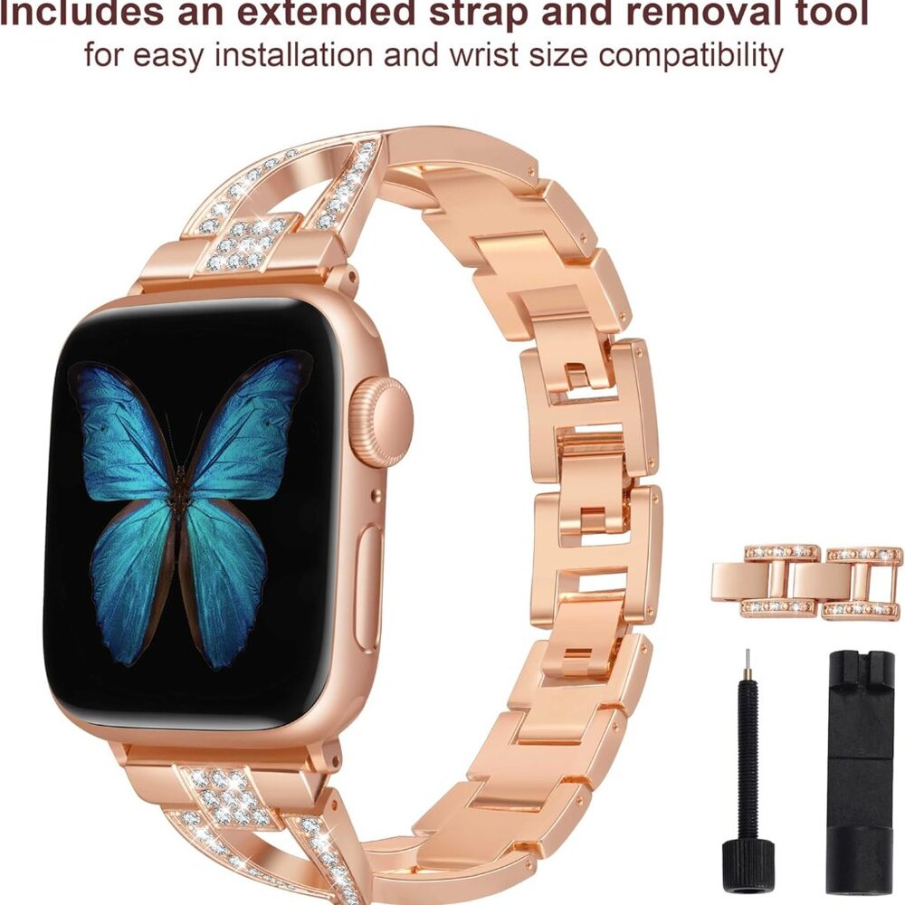 JFDragon Rose Gold Color & Rhinestone Apple Watch Band Adjustable New In Box - Picture 8 of 9